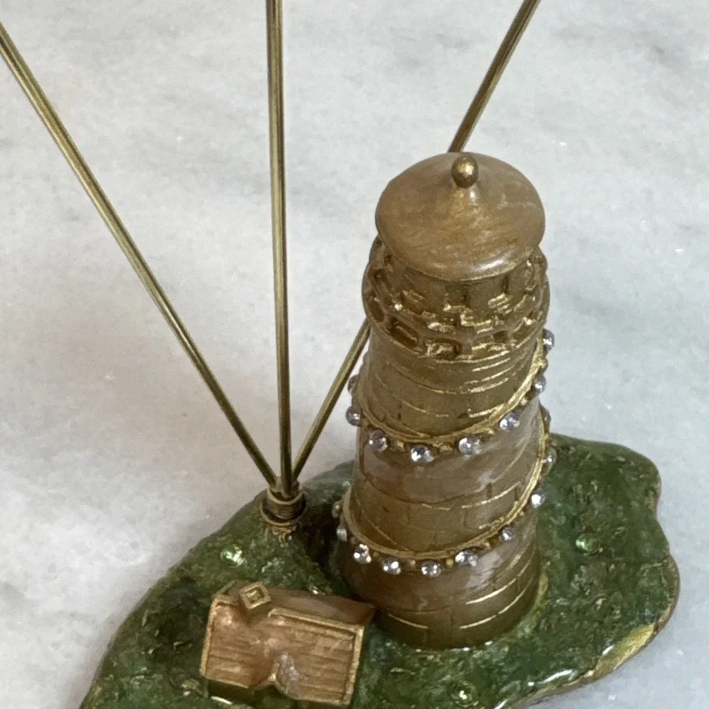 Lighthouse Enamel on Gold Tone Picture Photo or Card Holder Rhinestones Nautical